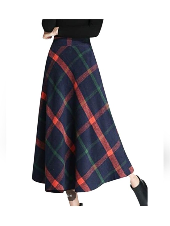 Dresses & Skirts - Tanming Wool Blend Classic Warm, Modest Navy Plaid A-Line Maxi Skirt, Tartan, M